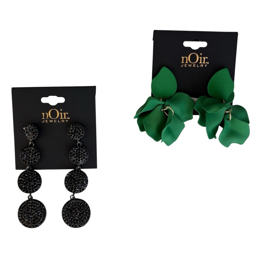 Noir dangly post earrings bundle gift for women green leaf black sparkle